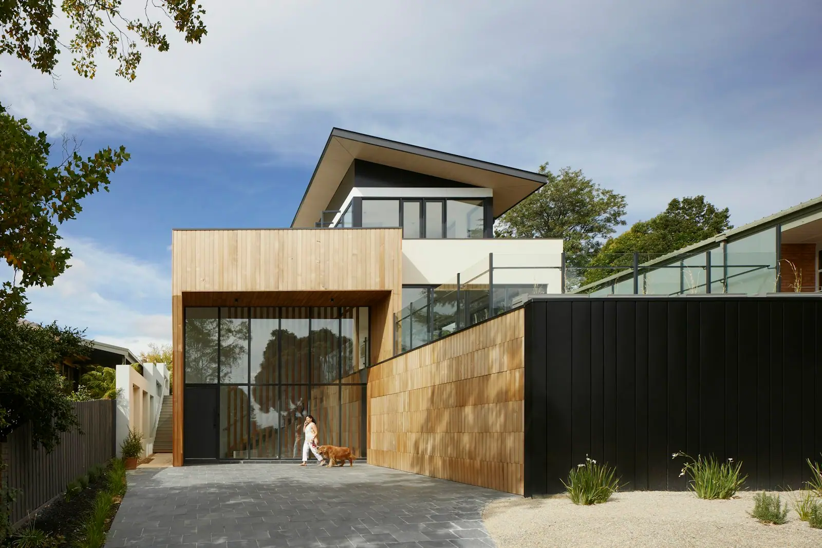 Contemporary timber-clad home extension with a dark boundary fence